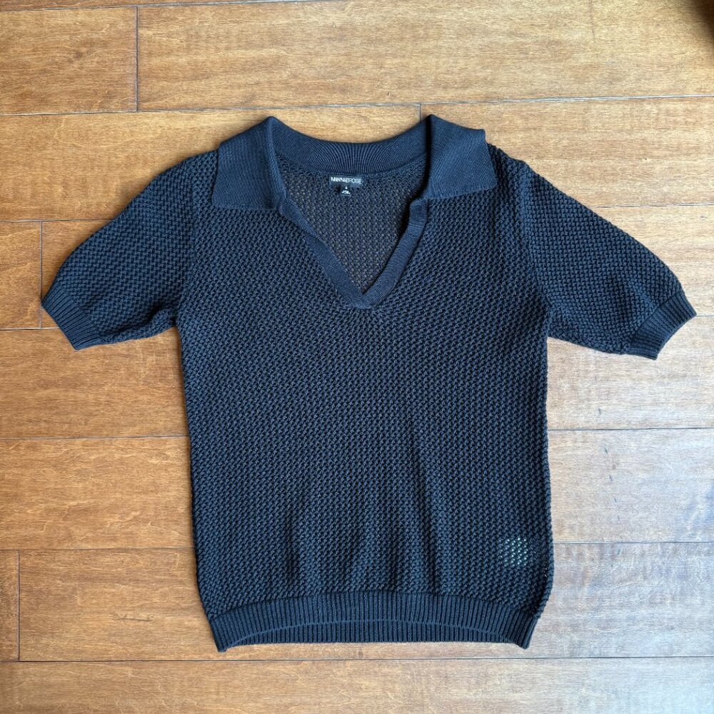 Minnie Rose Black Textured Knit Collared Short-Sleeve Sweater — Size S